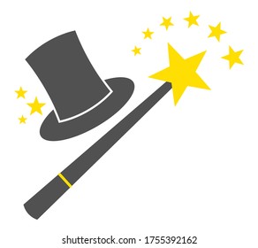Magic wand with hat and sparkling trace isolated on white background. Star shape magic accessory. Minimal style