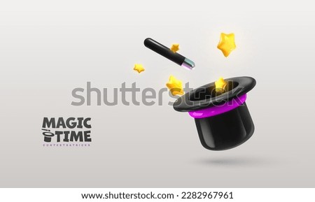Magic wand and hat with stars explosion outside on light background vector illustration. Wizard tool, magic stick with spell.