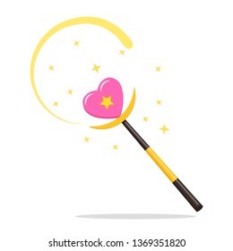 Magic wand with heart, star isolated on white background. Mystery entertainment concept. Vector flat design