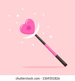 Magic wand with heart, star isolated on pink background. Mystery entertainment concept. Vector flat design