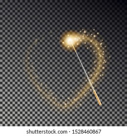 Magic wand with heart trail vector. Transparent miracle stick with glow yellow light tail isolated on dark background. Magic wand effect. Fairy stick lights in heart shape . Vector illustration.