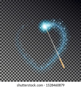 Magic wand with heart trail vector. Transparent miracle stick with glow yellow light tail isolated on dark background. Magic wand effect. Fairy stick lights in heart shape . Vector illustration.