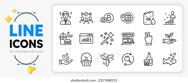 Zauberstab, Hilf Hand und Support Berater Linie Symbole für App sind World Travel, Search, Web Traffic Umriss Thin Icon. Squad, Night eat, Last Minute Piktogramm Symbol. Vektorgrafik