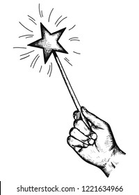 the magic wand in his hand holds the wishes of the sketch. wonders isolated vector object.