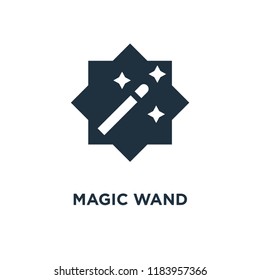Magic wand icon. Black filled vector illustration. Magic wand symbol on white background. Can be used in web and mobile.
