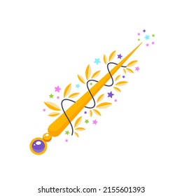 Magic wand icon. Cartoon illustration of a sparkling magic wand decorated with gems and gold leaves isolated on a white background. Vector 10 EPS.