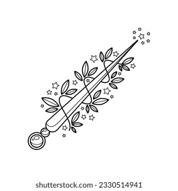Magic wand icon. Cartoon illustration of a sparkling magic wand decorated with gems and leaves isolated on a white background. Vector 10 EPS.