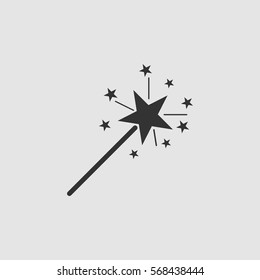 Magic wand icon flat. Black pictogram on grey background. Vector illustration symbol