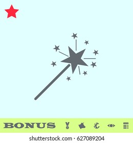 Magic wand icon flat. Grey pictogram on blue background. Vector illustration symbol and bonus buttons medal, cow, earth, eye, calculator
