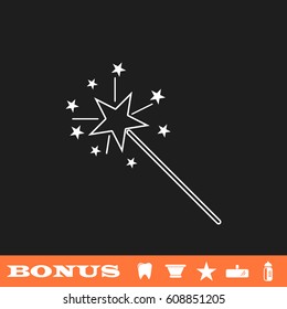 Magic wand icon flat. White pictogram on black background. Vector illustration symbol and bonus button tooth, vase, star, mirror, bottle