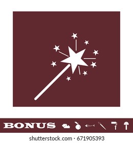 Magic wand icon flat. White pictogram on brown background. Vector illustration symbol and bonus icons
