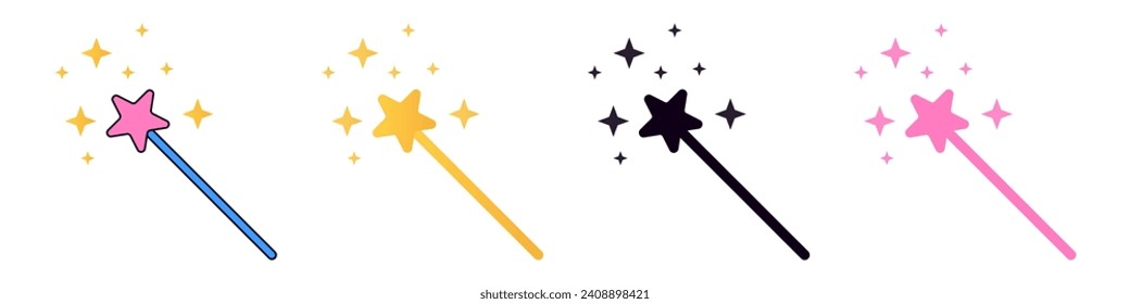 Magic wand icon. Gold pink black and colored magic stick with star vector