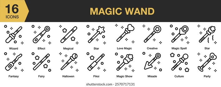 Magic Wand icon set. Includes Fairy Tale, Fantasy, Kid, Magic, Story, Wand, and More. Outline icons vector collection.