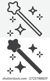 Ícone de varinha mágica definido em estilo de linha e sólido. Contorno e sinal de vetor preenchido com traçado editável, ícone de símbolo de ortografia para assistente, desejos e design de fantasia.