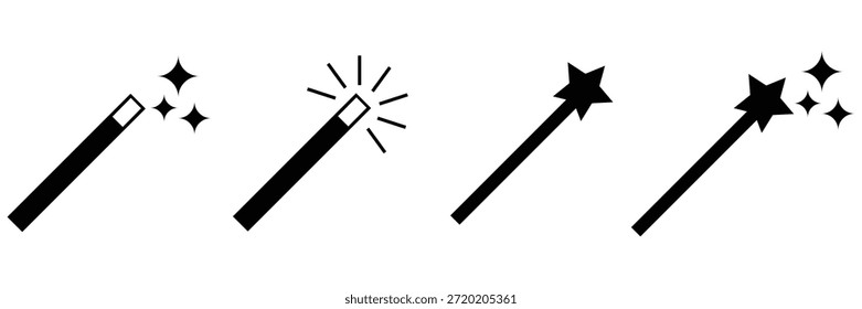 Magic Wand Icon Set – Sparkling Stars Wizard Tool in Editable Outline, Doodle and Flat Vector Style	