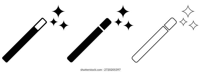 Magic Wand Icon Set - Espumante estrelas assistente Ferramenta em contorno editável, Doodle e estilo de vetor plano	