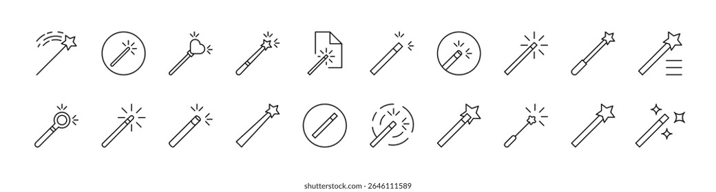 Magic Wand Icon Set for UI, Placards, Books, Apps. Editable Stroke. Suitable for Web Sites, Books, Cards, Apps 