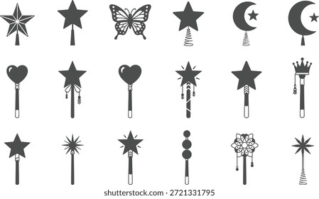 Magic wand icon set vector illustration, fairy tale fantasy symbols collection, stars moons hearts butterflies wands, black silhouette design, mystical decorative graphic elements