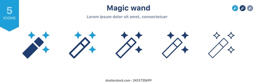 Magic wand icon and Sparkle stars icon set. magic tool icon, filters with sparks symbol, wizard magic stick button, miracle wish sign