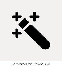 Magic wand icon with sparkles. Simple magic wand design. Black and white magic wand illustration. Perfect for magical themes and creative projects. UI icon vector.