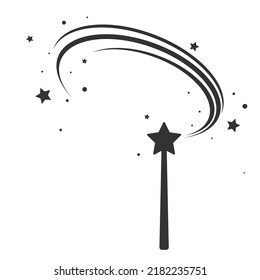 Icono de varita mágica con una estrella en gris. Símbolo de magia, maravilla y enfoque. Ilustración del vector aislada en fondo blanco
