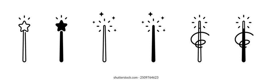 Magic wand icons. Magic wand illustration. Wizard tool. Magic and miracle symbols. Wizard stick vector icons