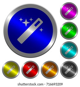 Magic wand icons on round luminous coin-like color steel buttons