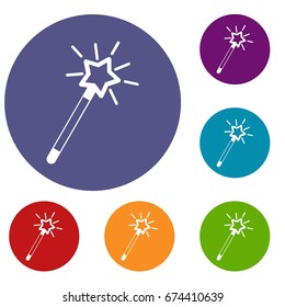Magic wand icons set in flat circle reb, blue and green color for web