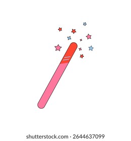 Magic wand illustration; orange; pink on a white background star and freezing sparkles; star shape wand; stick; isolated. Magic.Fairy. Childhood. modern,morning; sleep. For children; for home; warmth