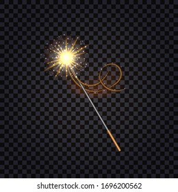 Magic wand isolated with glowing sparkles and light effect on transparent background. Vector illustration