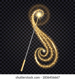 Magic wand isolated with glowing sparkles, golden star dust glitter and  light effect on transparent background. Vector illustration
