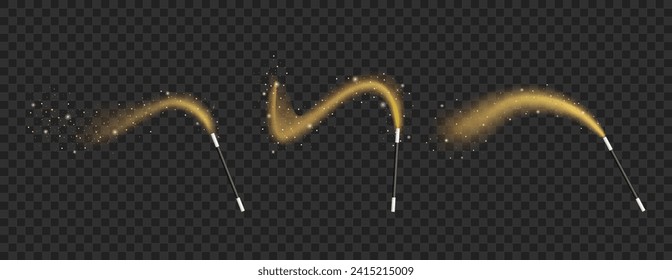 Magic wand isolated on black transparent background, magic wand with sparkle glitter trail. Vector illustration.
