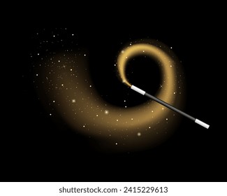 Magic wand isolated on black background, wizard stick with miracle light. Vector illustration.