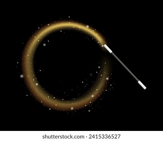 Magic wand isolated on black background, wizard stick with miracle light. Vector illustration.