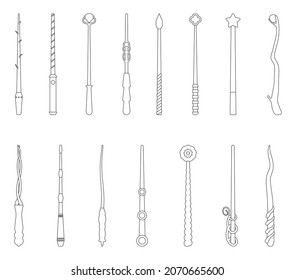 Magic wand isolated outline set icon. Outline vector set icon wizard stick . Vector illustration magic wand on white background.