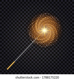 Magic wand isolated with spiral swirl light effect and golden glowing sprkles. Vector illustration