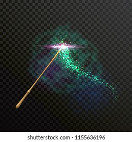 Magic wand light sparkle glitter light trail trace. Vector green neon glittering and sparkling of magical fairy gesture spell wave on transparent background