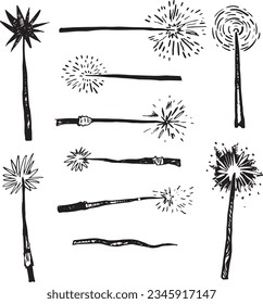 Magic wand line drawing witch theme halloween clipart party invitation flyer gothic style illustration packaging design idea print. Wooden wand accessory sorcerers. Bengal fire new year ink graphic