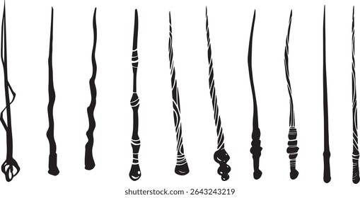 Linha de varinha mágica desenho tema bruxa halloween clipart partido convite estilo gótico ilustração design de embalagem impressão Assistente varinha de madeira acessórios feiticeiros Bengala fogo novo ano tinta ícone gráfico