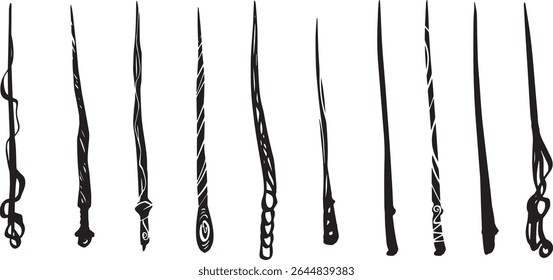 Linha de varinha mágica desenho tema bruxa halloween clipart partido convite estilo gótico ilustração design de embalagem impressão Assistente varinha de madeira acessórios feiticeiros Bengala fogo novo ano tinta ícone gráfico