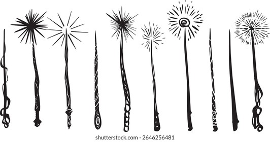 Magic wand line drawing witch theme halloween clipart party invitation gothic style illustration packaging design print Wizard wooden wand accessory sorcerers Bengal fire new year ink graphic icon