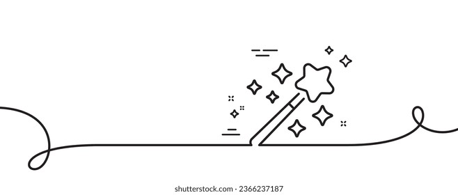 Magic wand line icon. Continuous one line with curl. Magician stick sign. Wizard tool with star symbol. Magic wand single outline ribbon. Loop curve pattern. Vector