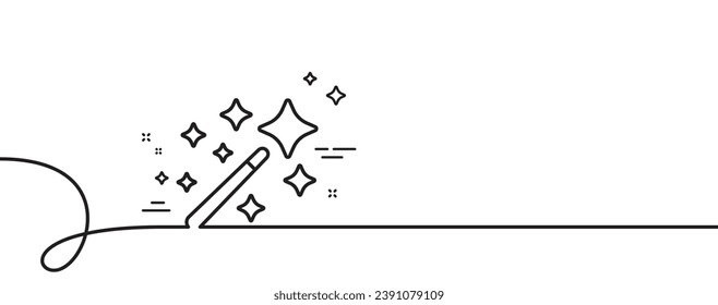 Magic wand line icon. Continuous one line with curl. Magician stick sign. Wizard tool with star symbol. Magic wand single outline ribbon. Loop curve pattern. Vector