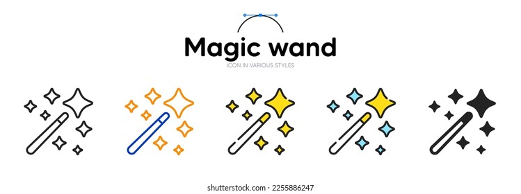 Magic wand line icon in different styles. Bicolor outline stroke style. Magician stick symbol for web ui, mobile application. Wizard tool with star. Magic stick wand. Vector