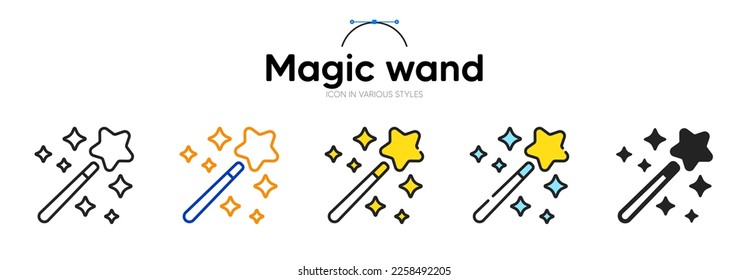 Magic wand line icon in different styles. Bicolor outline stroke style. Magician stick symbol for web ui, mobile application. Wizard tool with star. Magic stick wand. Vector