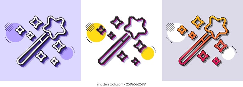 Magic wand line icon. Halftone dotted pattern. Gradient icon with grain shadow. Magician stick sign. Wizard tool with star symbol. Line magic wand icon. Various designs. Vector