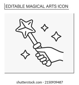  Magic wand line icon. Rod for magic rituals. Wand for spells or performing conjuring tricks.Magical arts concept. Isolated vector illustration. Editable stroke