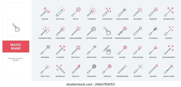 Magic wand line icons set. Wizard or witch fairy stick with star and lightning spell, heart and pointing finger, magicians hat for circus tricks thin black and red outline symbols vector illustration