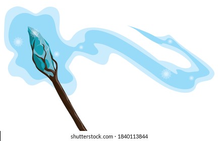 Magic wand made with special woods and glowing gem with tail and sparkles, isolated over white background.