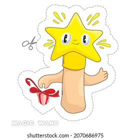 Magic wand. Magical accessory. Cartoon-style star. Cute hero for Christmas magic. Mascot for your design.